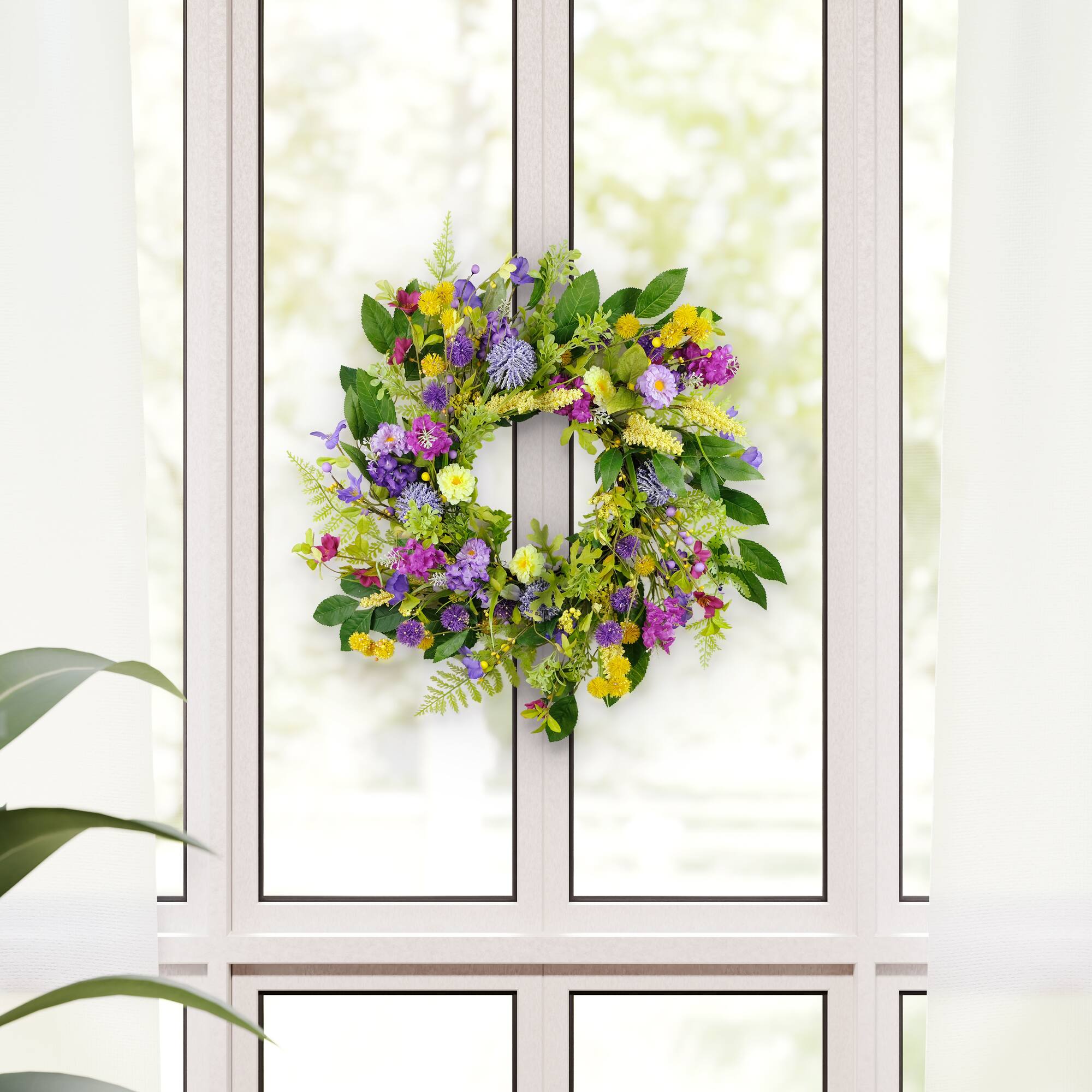 24" Purple & Yellow Spring Echinops & Chrysanthemum Floral Wreath